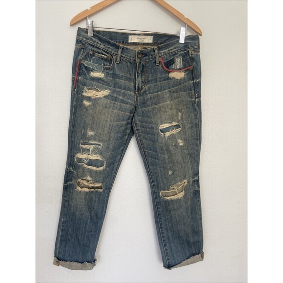 Abercrombie & Fitch Jeans 29 Patch Distressed Denim Raw Hem Mid Rise Boyfriend - Picture 1 of 12